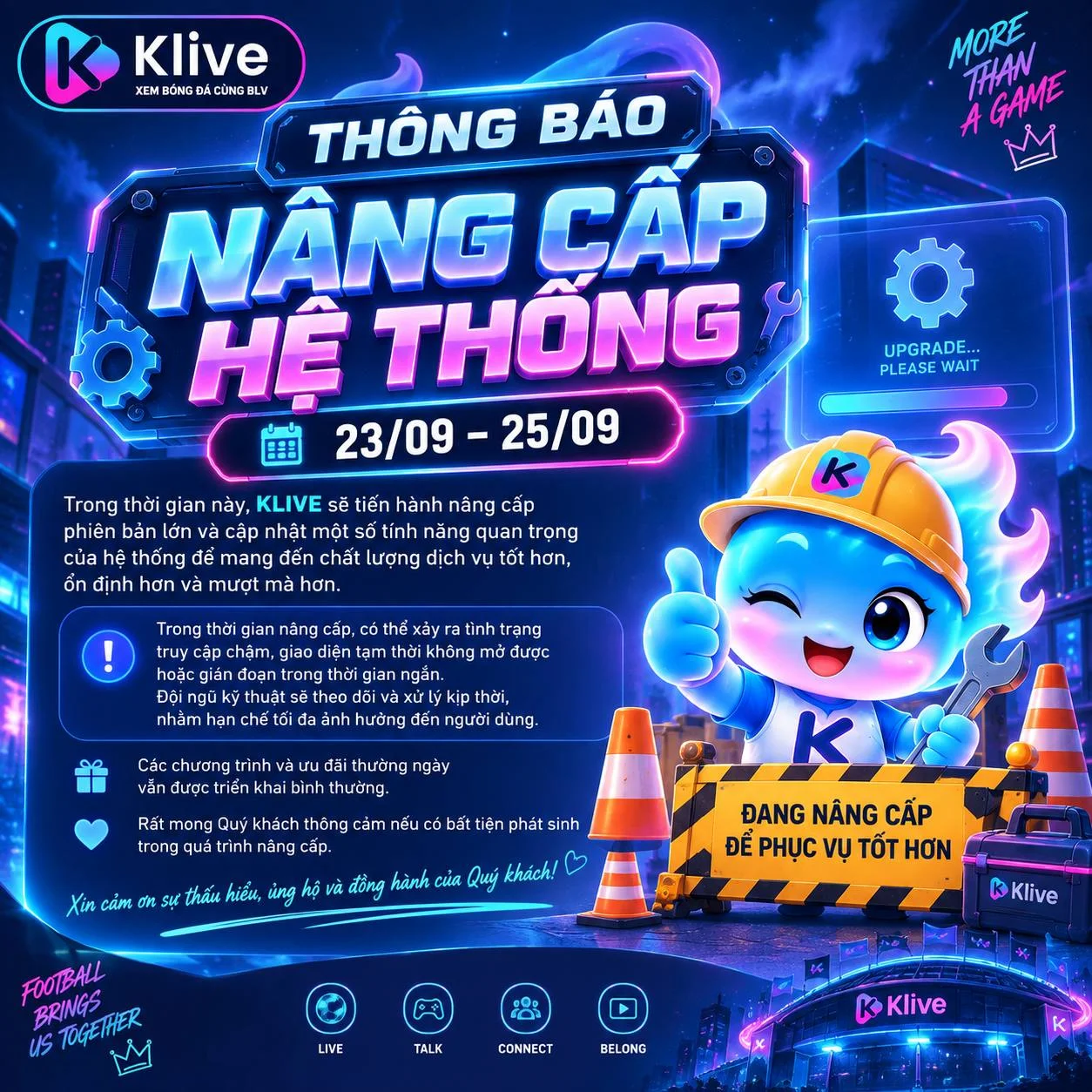 THÔNG BÁO NÂNG CẤP HỆ THỐNG (23/09–25/09)
